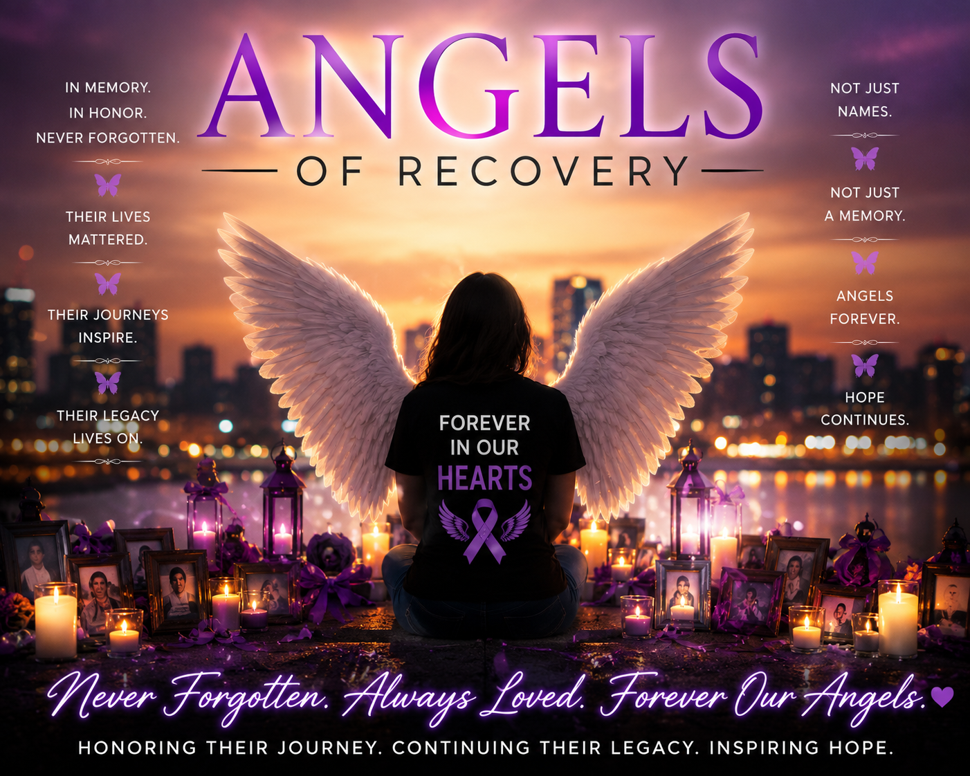 Angels of Recovery memorial graphic — a figure with angel wings surrounded by candles and photographs. Text reads: Never Forgotten. Always Loved. Forever Our Angels. Honoring their journey. Continuing their legacy. Inspiring hope.