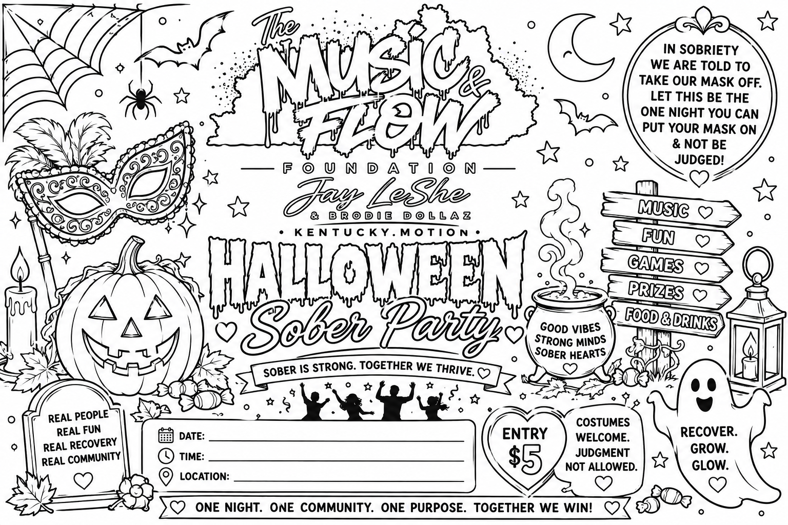 Halloween Sober Party — printable fundraiser coloring page by The Music & Flow Foundation, Louisville KY