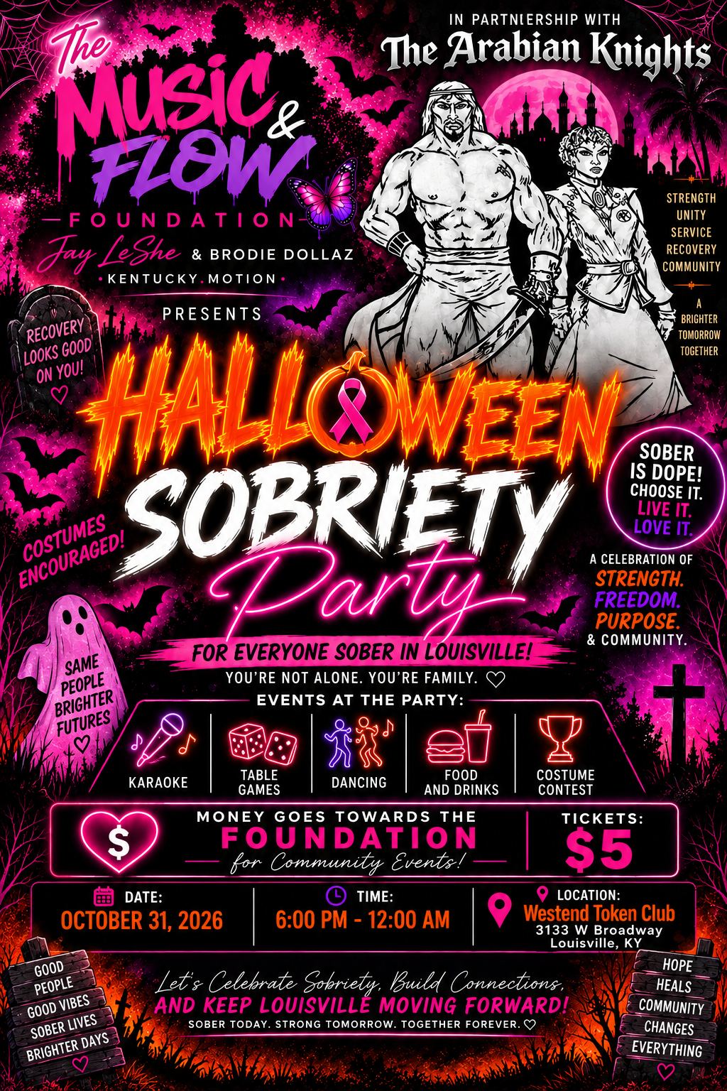 Halloween Sobriety Party flyer — The Music & Flow Foundation