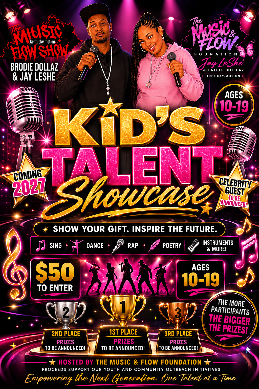 Kid's Talent Showcase flyer — The Music & Flow Foundation, ages 10–19, hosted by Jay LeShe & Brodie Dollaz