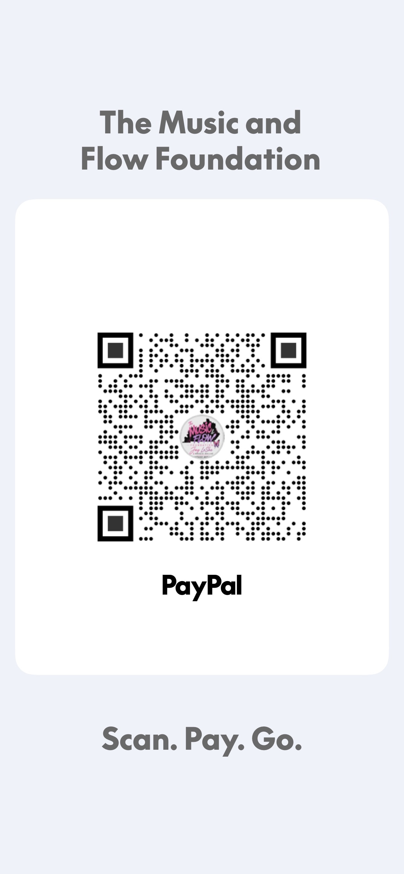 PayPal QR code — scan to donate to The Music and Flow Foundation via PayPal