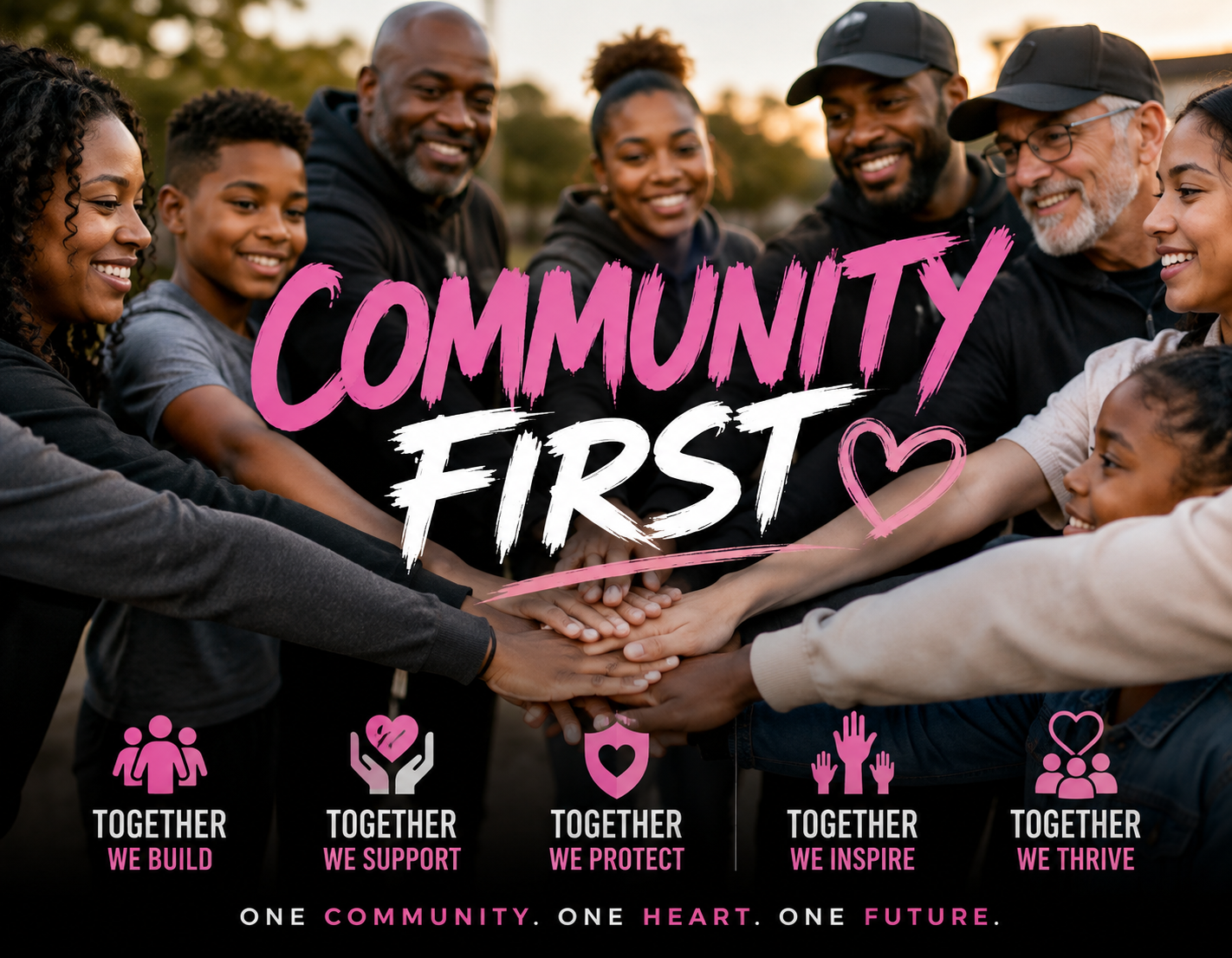 Community First — Together We Build, Support, Protect, Inspire, and Thrive. One Community. One Heart. One Future.