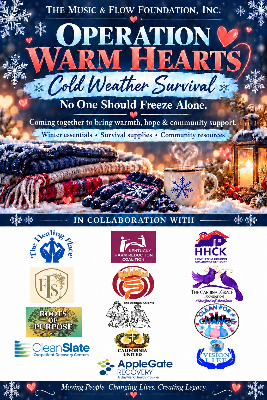 Operation Warm Hearts — Business Collaboration Team flyer showing all partner organization logos